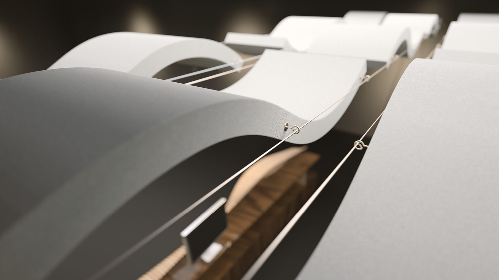 Q-WAVE H, elegant schwebendes, wellenförmiges Akustiksegel in Detail